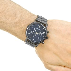 שעון יד ארמני רשת אפור רקע כחול לגבר דגם AR1979