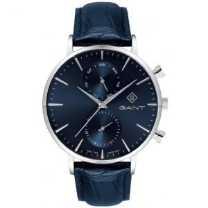 שעון יד גאנט לגבר רצועת עור כחולה רקע כחול דגם G121009