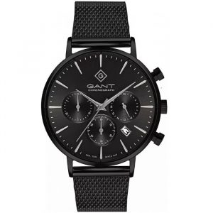 שעון יד גאנט לגבר רצועת רשת שחורה מחוגים כסופים דגם G123009