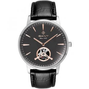 שעון יד גאנט לגבר רצועת עור שחורה רקע שחור דגם G153003