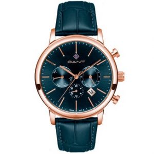 שעון יד גאנט רצועת עור כחולה ומסגרת זהב אדום דגם G132012