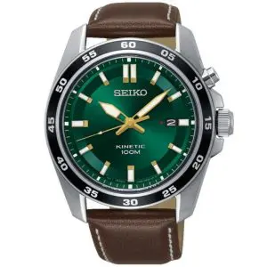 שעון יד SEIKO קינטי לגבר לוח ירוק רצועת עור חומה SKA791P1