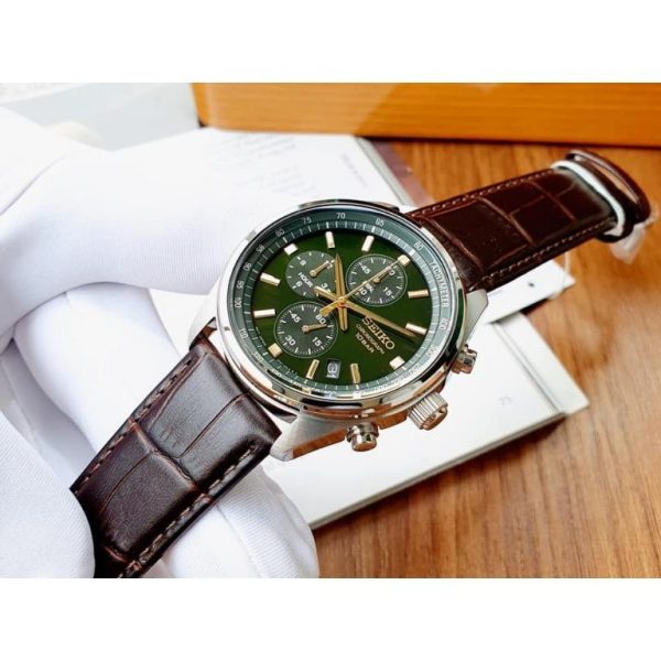 שעון יד SEIKO ירוק לגבר רצועת עור חומה דגם ssb385