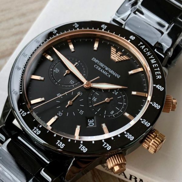 שעון יד ארמני קרמיקה לגבר שחור וזהב אדום דגם AR70002
