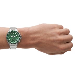 שעון יד ARMANI לגבר לוח ירוק רצועת מתכת דגם AR11500