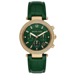 שעון יד מבית מייקל קורס רצועת עור ירוקה לאישה דגם MK6985