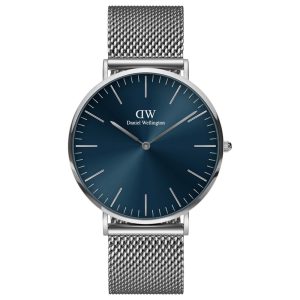שעון יד Daniel Wellington רצועת רשת כסופה לגבר רקע כחול דגם DW00100628