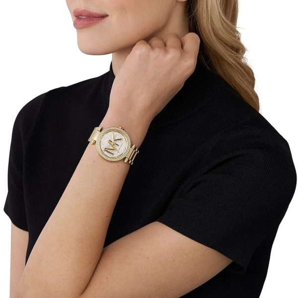 שעון יד לאישה מייקל קורס מוזהב לוגו MK לאישה MK7283