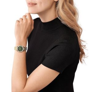 שעון יד מייקל קורס מוזהב עדין לאישה לוח ירוק משובץ אבני חן יוקרתיות MK7395