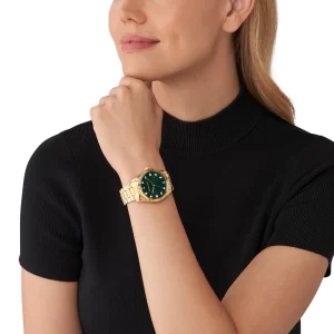 שעון יד מייקל קורס לאישה זהב צהוב לוח ירוק כהה משובץ אבני חן MK7449 על יד