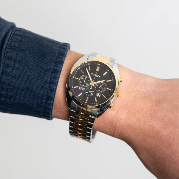 שעון יד סיטיזן CITIZEN לגבר כרונוגרף כסוף משולב זהב AN8214-55E על יד