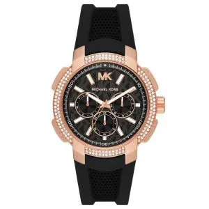 שעון יד מייקל קורס לאישה רצועת סיליקון שחורה זהב אדום MK7245