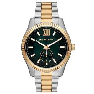 שעון יד מייקל קורס לגבר בשילוב זהב וכסף רקע ירוק MK9063