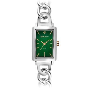 שעון יד מלבני גורמט לאישה מבית GANT כסוף רקע ירוק דגם G179004