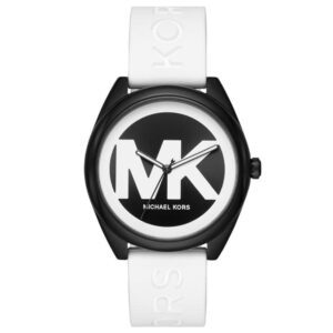 שעון יד מייקל קורס רצועת סיליקון לבנה ושחור בשילוב לוגו MK דגם MK7137