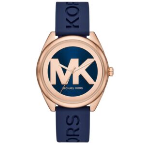 שעון יד מייקל קורס רצועת סיליקון כחולה וזהב אדום בשילוב לוגו MK דגם MK7139