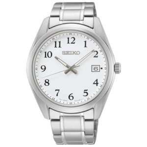 שעון יד SEIKO לגבר לוח לבן בשילוב מספרים זכוכית ספיר דגם SUR459