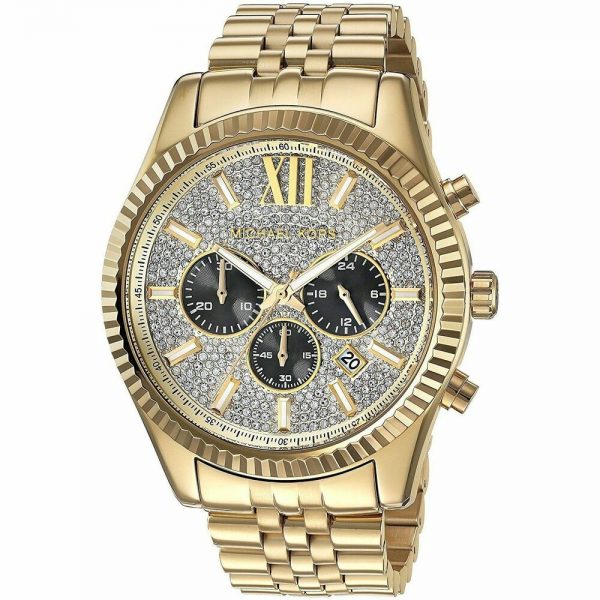 שעון יד MICHAEL KORS לגבר מוזהב משובץ אבנים דגם MK8494 פרופיל