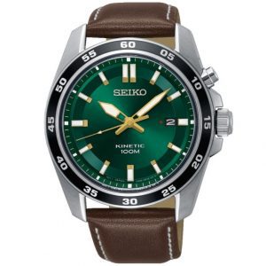 שעון יד SEIKO קינטי לגבר לוח ירוק רצועת עור חומה SKA791P1