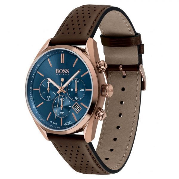 שעון יד HUGO BOSS לגבר דגם 1513817 רצועת עור חום כהה מהצד