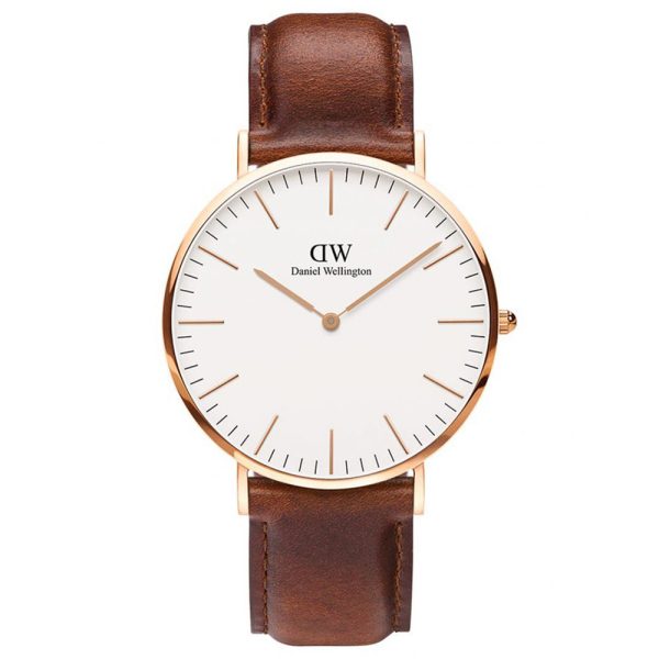 שעון יד DANIEL WELLINGTON לגבר קלאסי רוז גולד רצועת עור חומה DW00100006