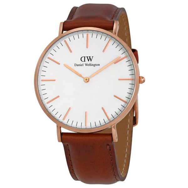 שעון יד DANIEL WELLINGTON לגבר קלאסי רוז גולד רצועת עור חומה DW00100006 מהצד