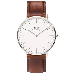 שעון יד DANIEL WELLINGTON לגבר קלאסי כסוף רצועת עור חומה DW00100021