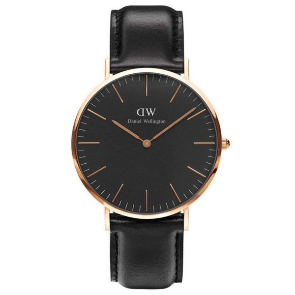 שעון יד DANIEL WELLINGTON לגבר קלאסי רוז גולד רצועת עור שחורה DW00100127