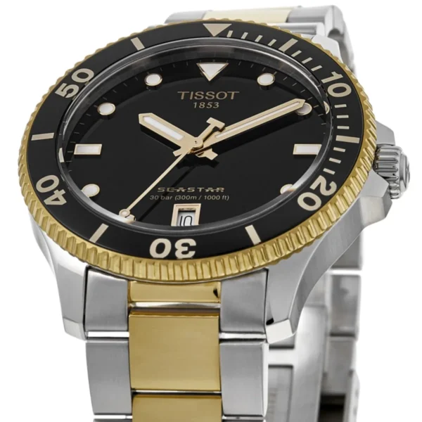 שעון יד TISSOT צלילה SEASTAR לגבר משלוב זהב כסף לוח שחור T120.410.22.051.00 תקריב